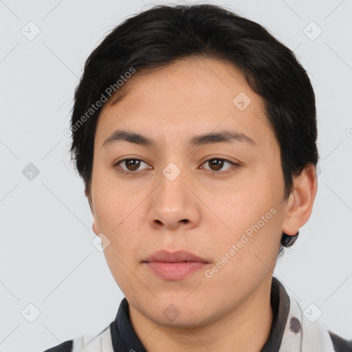 Neutral asian young-adult female with medium  brown hair and brown eyes