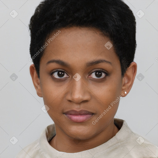 Neutral black young-adult female with short  black hair and brown eyes