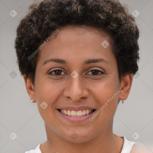 Joyful white young-adult female with short  brown hair and brown eyes