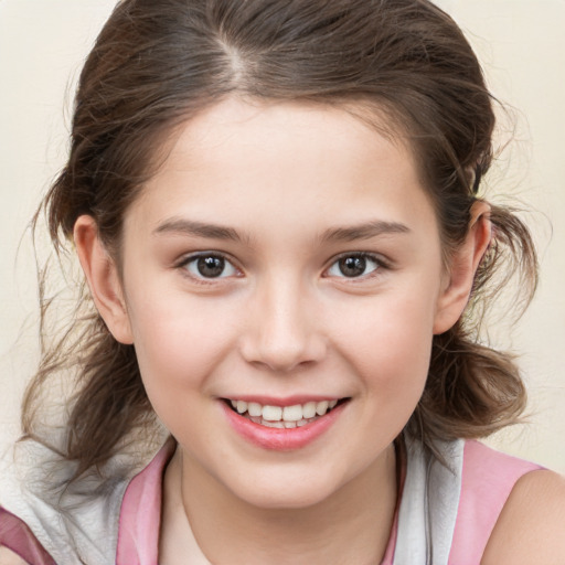 Joyful white child female with medium  brown hair and brown eyes