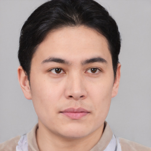 Neutral asian young-adult male with short  brown hair and brown eyes