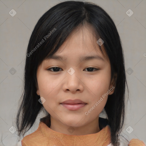 Neutral asian young-adult female with medium  brown hair and brown eyes