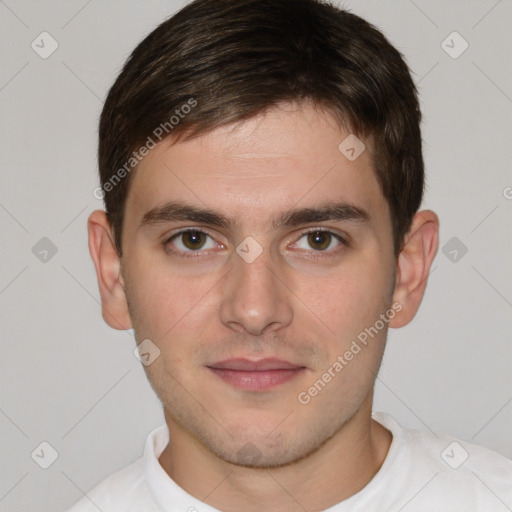 Neutral white young-adult male with short  brown hair and brown eyes