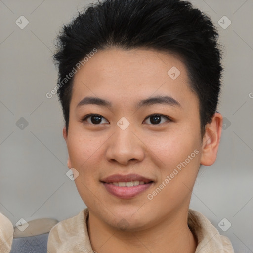 Joyful asian young-adult female with short  brown hair and brown eyes