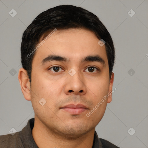 Neutral latino young-adult male with short  black hair and brown eyes