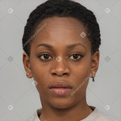 Neutral black young-adult female with short  brown hair and brown eyes