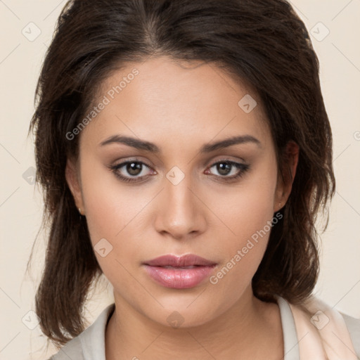 Neutral white young-adult female with medium  brown hair and brown eyes