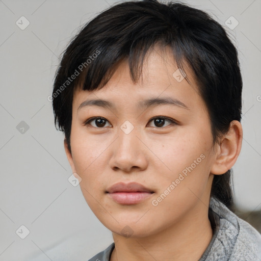 Neutral asian young-adult female with short  black hair and brown eyes