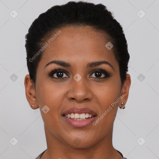 Joyful latino young-adult female with short  brown hair and brown eyes