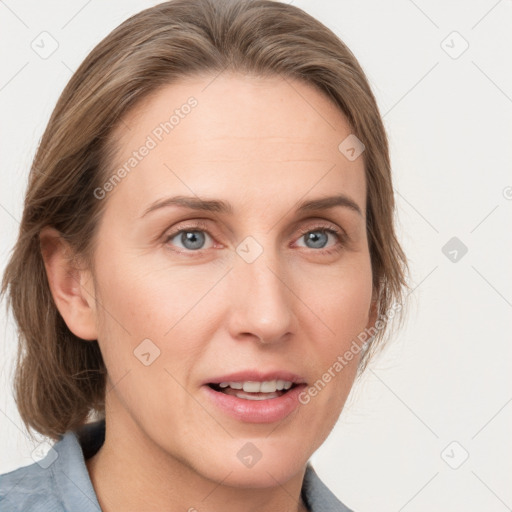 Joyful white young-adult female with medium  brown hair and blue eyes