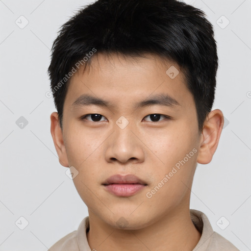 Neutral asian young-adult male with short  brown hair and brown eyes