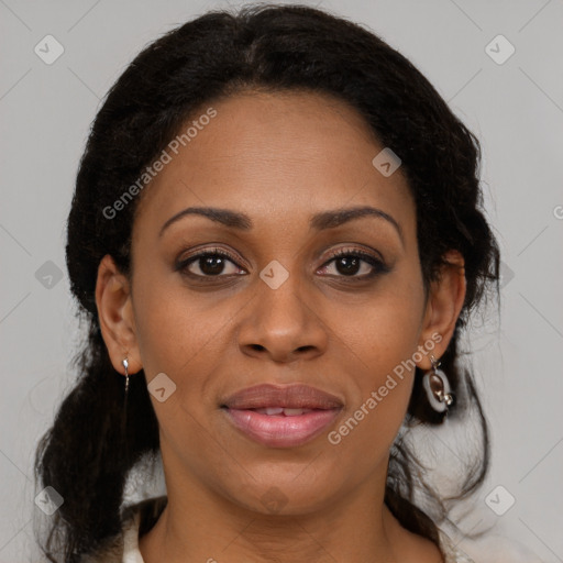 Joyful black young-adult female with medium  brown hair and brown eyes