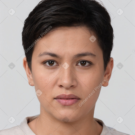 Neutral white young-adult female with short  brown hair and brown eyes