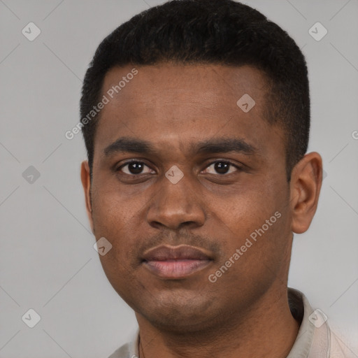Neutral black young-adult male with short  black hair and brown eyes