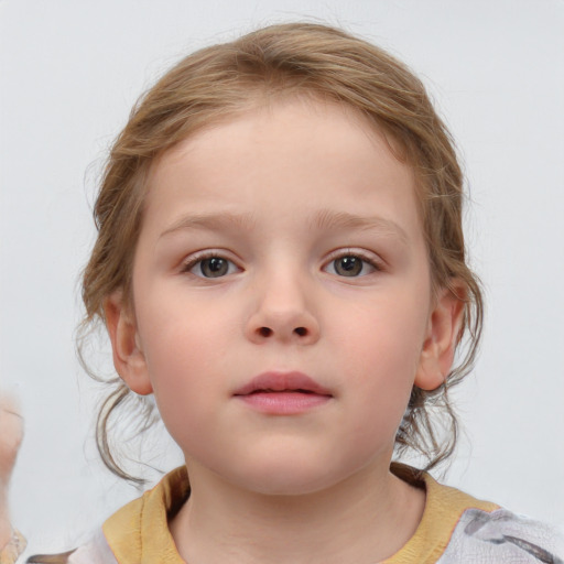 Neutral white child female with medium  brown hair and blue eyes