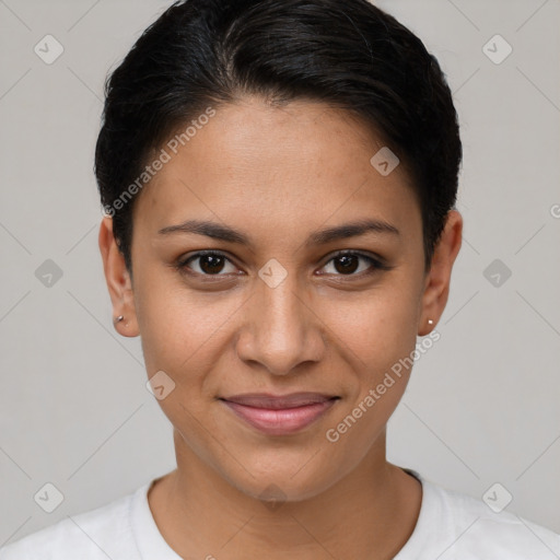 Joyful latino young-adult female with short  brown hair and brown eyes