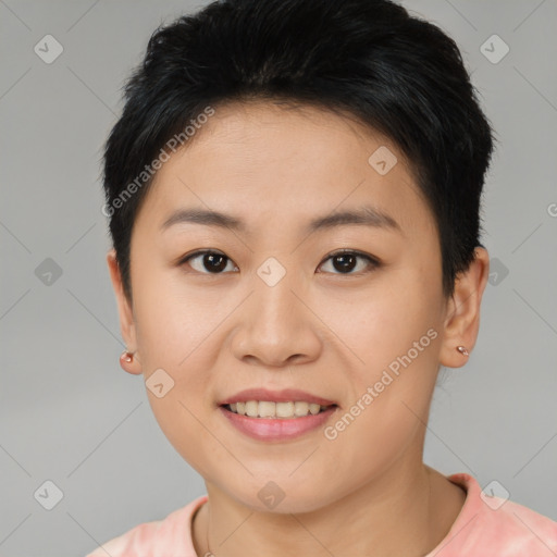 Joyful asian young-adult female with short  brown hair and brown eyes