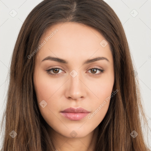 Neutral white young-adult female with long  brown hair and brown eyes