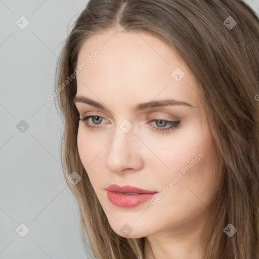 Neutral white young-adult female with long  brown hair and brown eyes