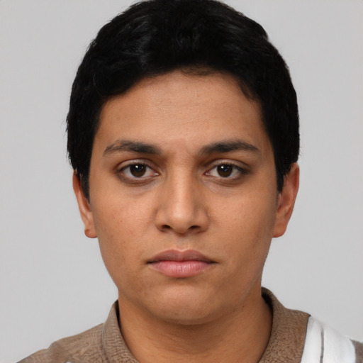 Neutral latino young-adult female with short  black hair and brown eyes