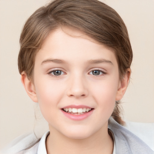 Joyful white child female with medium  brown hair and brown eyes