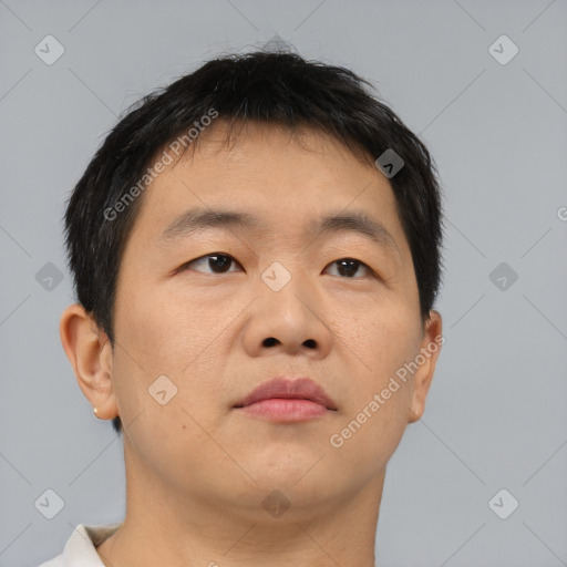 Neutral asian young-adult male with short  brown hair and brown eyes