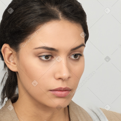 Neutral white young-adult female with medium  brown hair and brown eyes