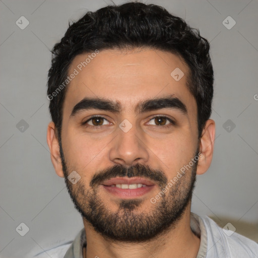 Joyful white young-adult male with short  black hair and brown eyes