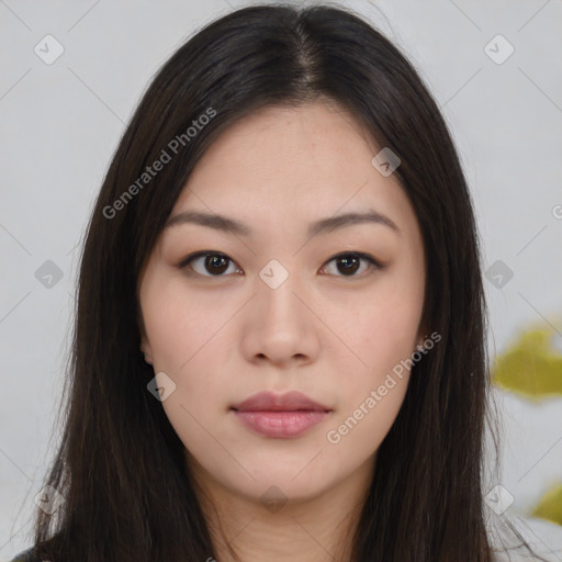 Neutral asian young-adult female with long  brown hair and brown eyes