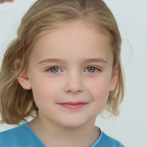 Joyful white child female with medium  brown hair and grey eyes