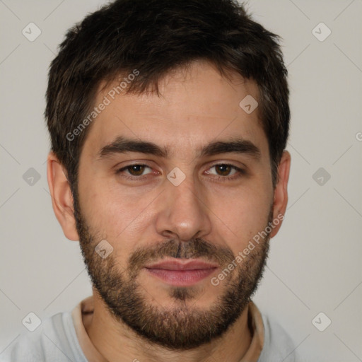 Neutral white young-adult male with short  brown hair and brown eyes