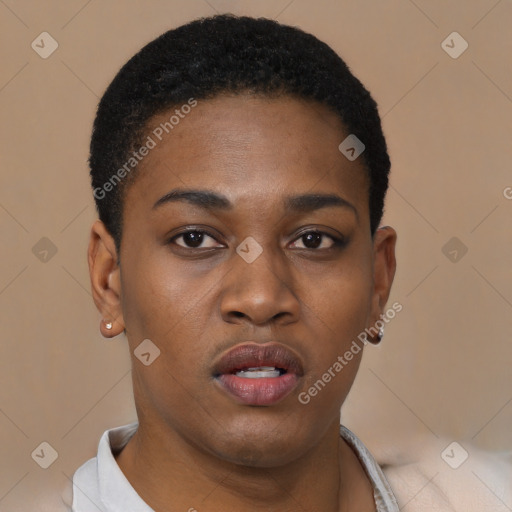 Neutral black young-adult female with short  black hair and brown eyes
