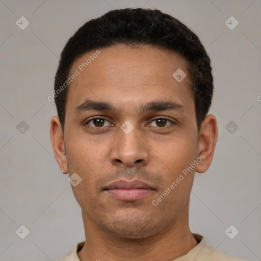 Neutral latino young-adult male with short  black hair and brown eyes