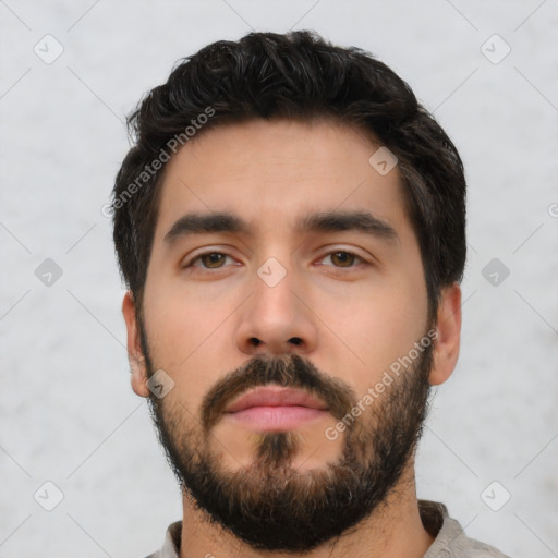 Neutral latino young-adult male with short  black hair and brown eyes