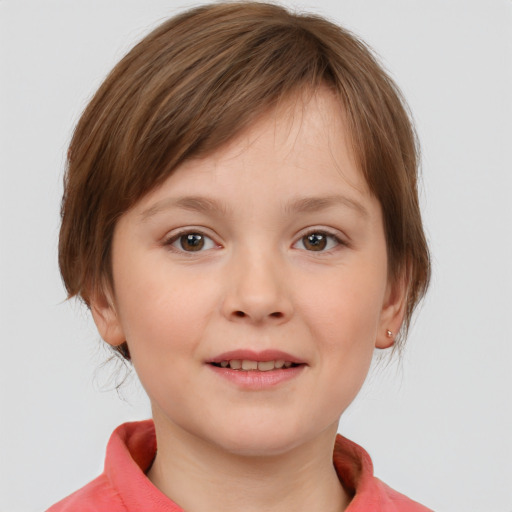 Joyful white child female with medium  brown hair and grey eyes