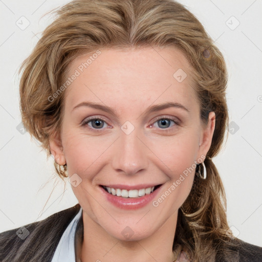 Joyful white young-adult female with medium  brown hair and blue eyes