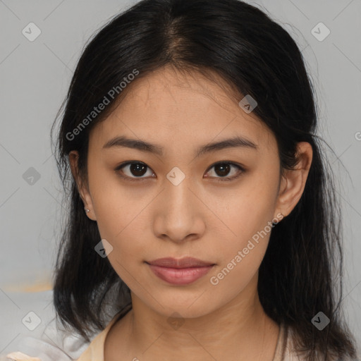 Neutral asian young-adult female with medium  brown hair and brown eyes