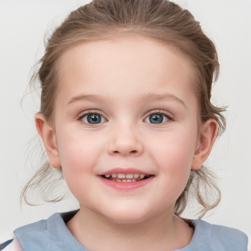 Joyful white child female with medium  brown hair and blue eyes