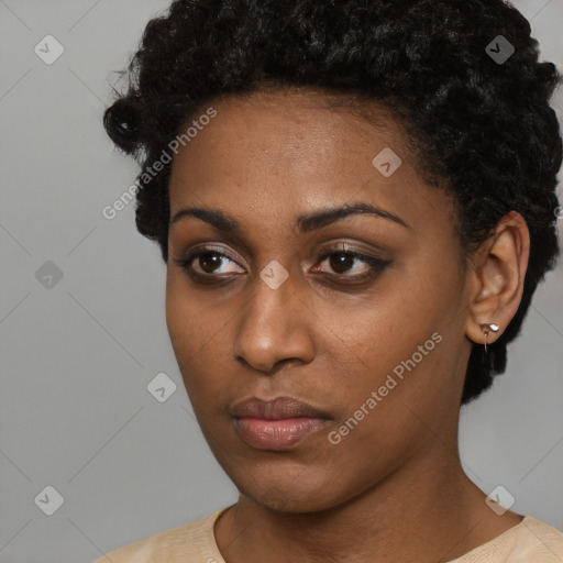 Neutral black young-adult female with short  black hair and brown eyes