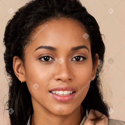 Joyful latino young-adult female with long  brown hair and brown eyes