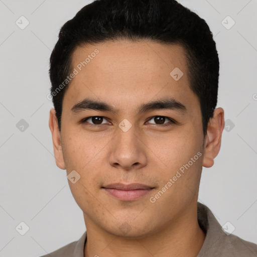 Neutral latino young-adult male with short  black hair and brown eyes