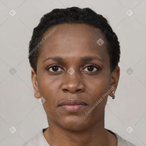 Neutral black young-adult female with short  brown hair and brown eyes