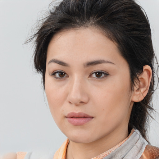 Neutral asian young-adult female with medium  brown hair and brown eyes