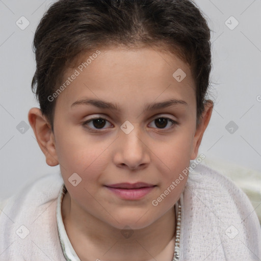 Joyful white child female with short  brown hair and brown eyes