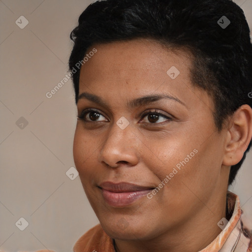 Joyful latino young-adult female with short  brown hair and brown eyes