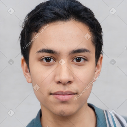 Neutral latino young-adult male with short  black hair and brown eyes