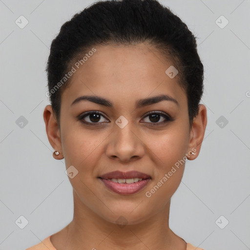 Joyful latino young-adult female with short  brown hair and brown eyes