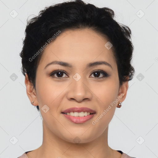 Joyful latino young-adult female with short  black hair and brown eyes