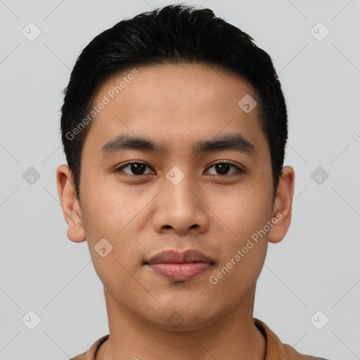 Neutral asian young-adult male with short  black hair and brown eyes