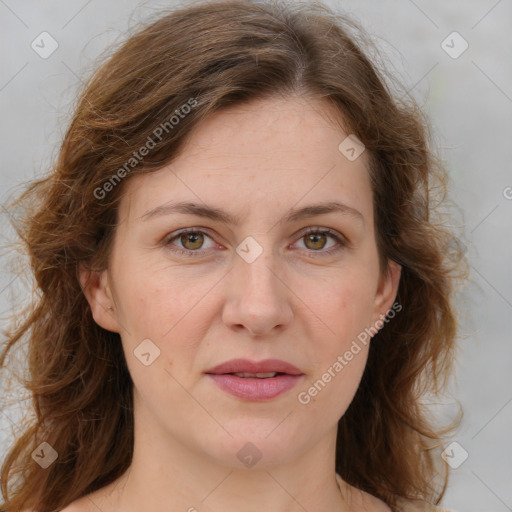 Joyful white young-adult female with medium  brown hair and green eyes